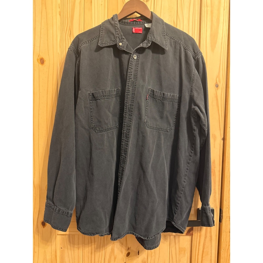 Levis Vintage 2002 Loose Fit Black Denim Shirt Metal Button Red Tab Mens L 60560